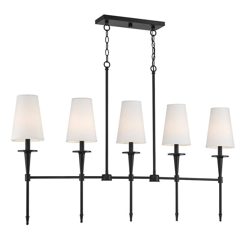 Savoy House Trundle 48in 5-Light Linear Chandelier | Neo-Traditional Matte Black and White Linen | Kitchen Island & Dining Room | Model L1-5609-5-89