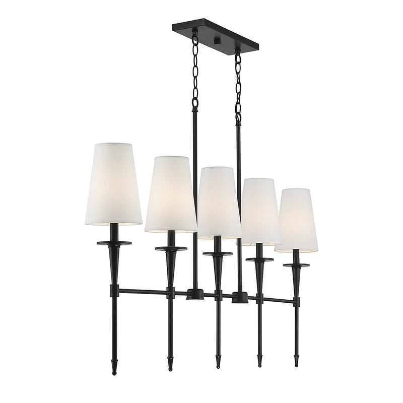 Savoy House Trundle 48in 5-Light Linear Chandelier | Neo-Traditional Matte Black and White Linen | Kitchen Island & Dining Room | Model L1-5609-5-89