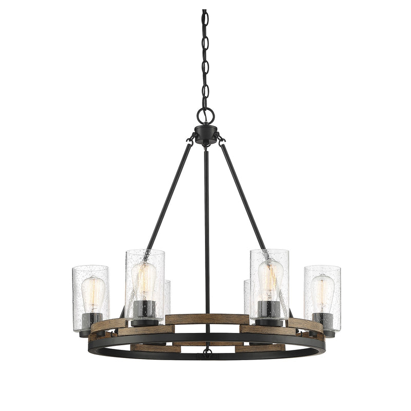 Savoy House Lynwood 28in 6-Light Chandelier | Rustic Lodge Wood-Look and Clear Seeded Glass | Dining Room & Foyer | Model L1-7600-6-185
