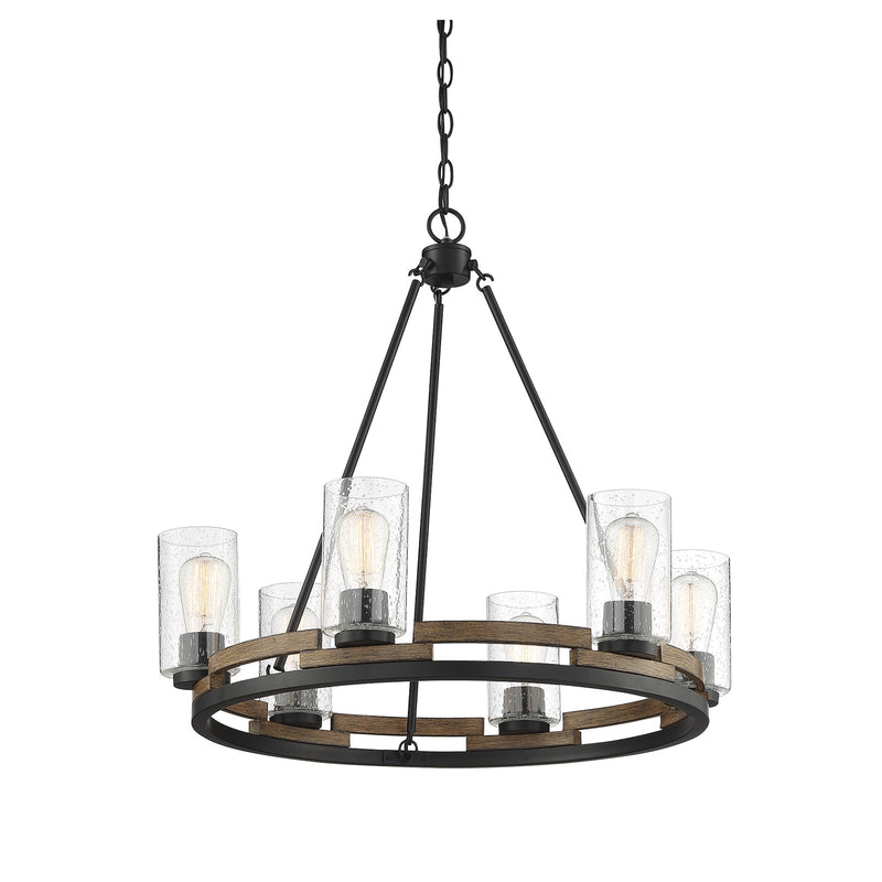 Savoy House Lynwood 28in 6-Light Chandelier | Rustic Lodge Wood-Look and Clear Seeded Glass | Dining Room & Foyer | Model L1-7600-6-185