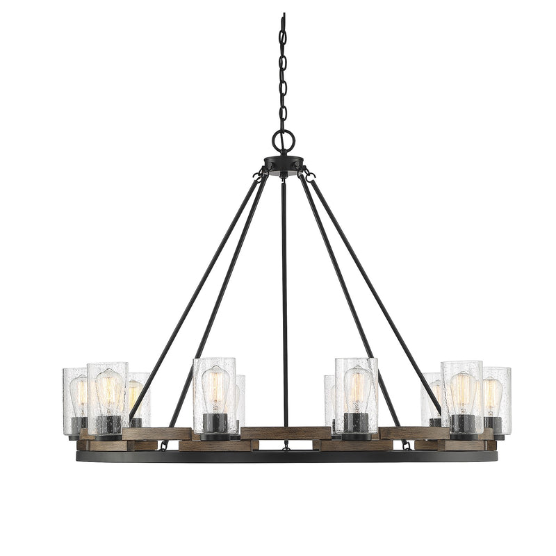 Savoy House Lynwood 45in 10-Light Chandelier | Rustic Lodge Wood-Look and Clear Seeded Glass | Dining Room & Foyer | Model L1-7602-10-185