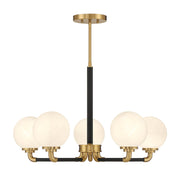 Savoy House Dresden 27in 5-Light Chandelier | Vintage Mid-Century Modern Matte Black and Warm Brass with White Strie Glass | Model L1-9605-5-143