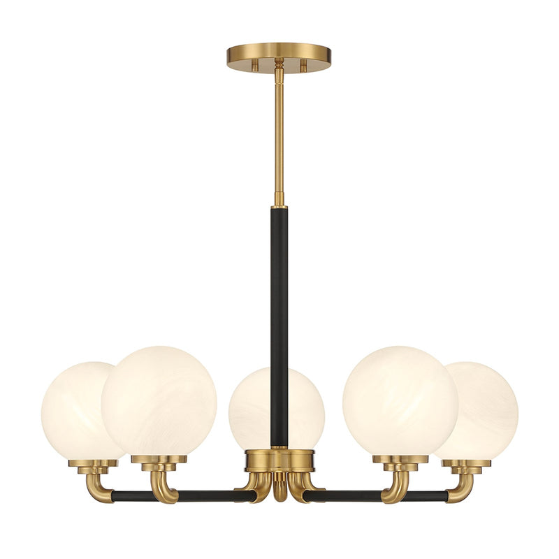 Savoy House Dresden 27in 5-Light Chandelier | Vintage Mid-Century Modern Matte Black and Warm Brass with White Strie Glass | Model L1-9605-5-143