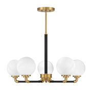 Savoy House Dresden 27in 5-Light Chandelier | Vintage Mid-Century Modern Matte Black and Warm Brass with White Strie Glass | Model L1-9605-5-143