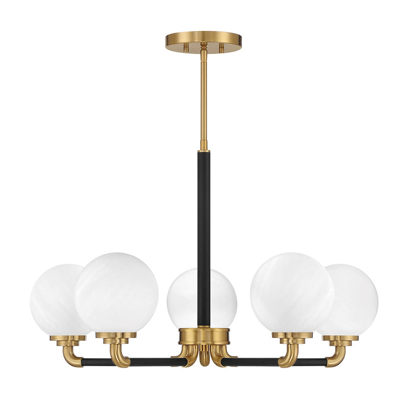 Savoy House Dresden 27in 5-Light Chandelier | Vintage Mid-Century Modern Matte Black and Warm Brass with White Strie Glass | Model L1-9605-5-143
