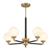 Savoy House Dresden 27in 5-Light Chandelier | Vintage Mid-Century Modern Matte Black and Warm Brass with White Strie Glass | Model L1-9605-5-143