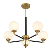Savoy House Dresden 27in 5-Light Chandelier | Vintage Mid-Century Modern Matte Black and Warm Brass with White Strie Glass | Model L1-9605-5-143