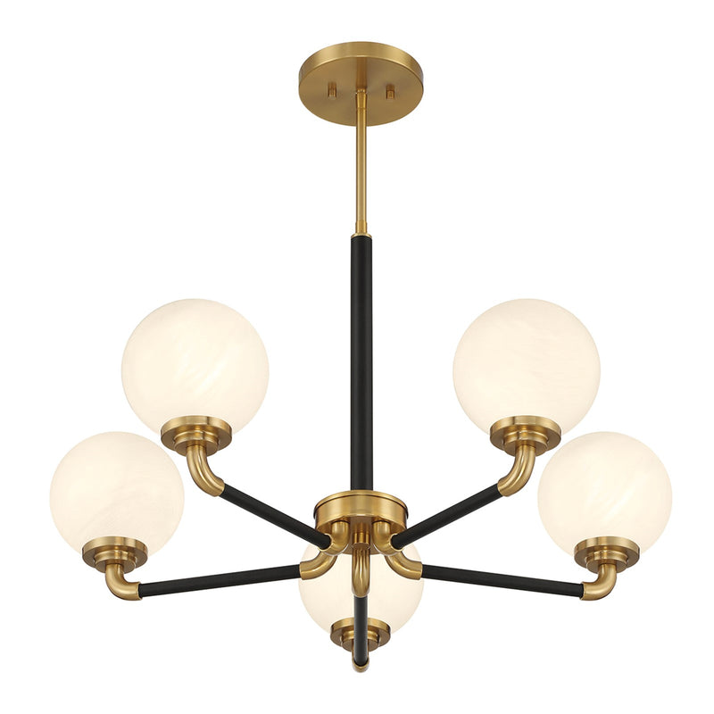Savoy House Dresden 27in 5-Light Chandelier | Vintage Mid-Century Modern Matte Black and Warm Brass with White Strie Glass | Model L1-9605-5-143