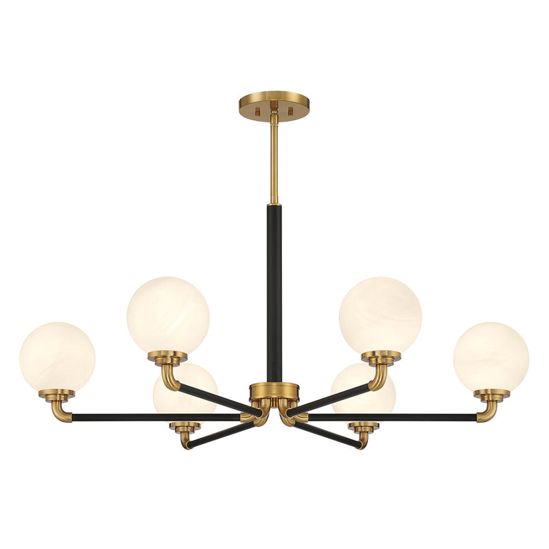 Savoy House Dresden 39in 6-Light Chandelier | Vintage Mid-Century Modern Matte Black and Warm Brass with White Strie Glass | Model L1-9606-6-143