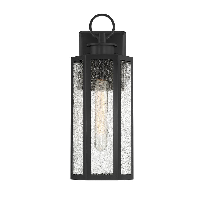 Savoy House Hawthorne 16in 1-Light Outdoor Wall Lantern | Modern Black and Seedy Glass | Front Porch & Entryway Light | Model L5-5101-BK