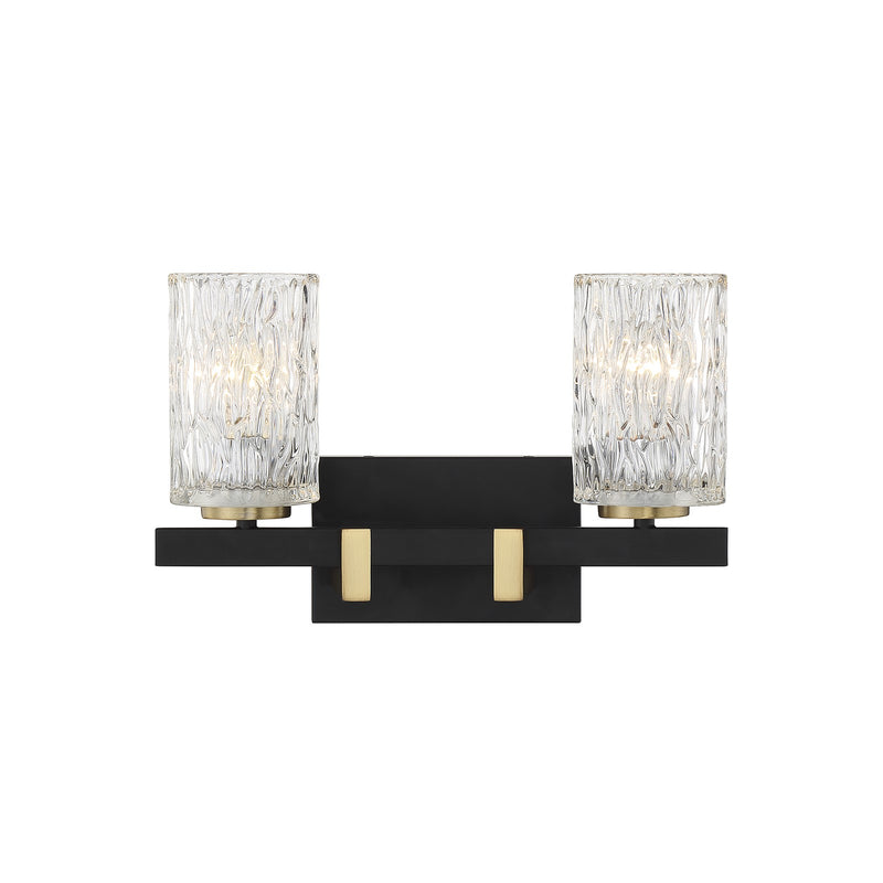 Savoy House Keene 15in 2-Light Vanity Light | Modern Matte Black and Warm Brass with Clear Water Glass | Bathroom Vanity | Model L8-3601-2-143
