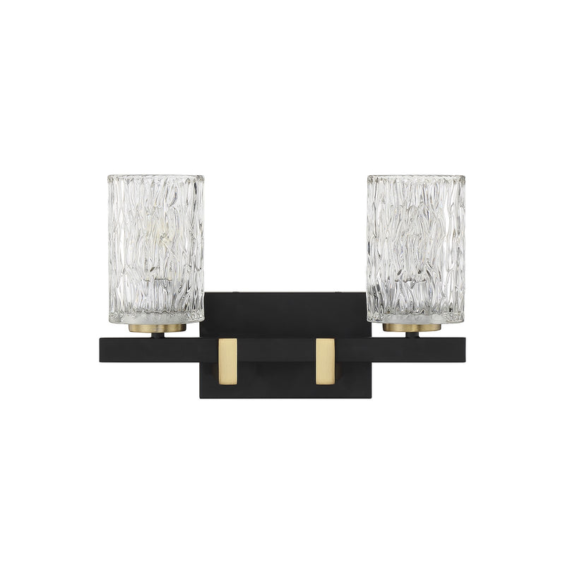 Savoy House Keene 15in 2-Light Vanity Light | Modern Matte Black and Warm Brass with Clear Water Glass | Bathroom Vanity | Model L8-3601-2-143
