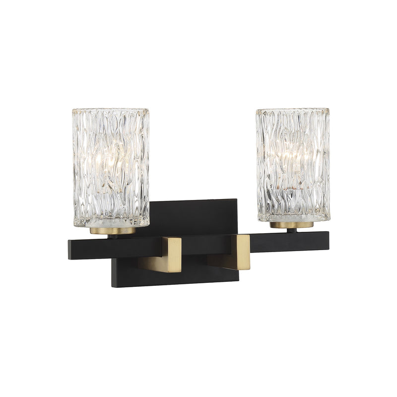 Savoy House Keene 15in 2-Light Vanity Light | Modern Matte Black and Warm Brass with Clear Water Glass | Bathroom Vanity | Model L8-3601-2-143