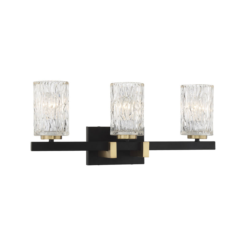 Savoy House Keene 23in 3-Light Vanity Light | Modern Matte Black and Warm Brass Clear Water Glass | Bathroom Vanity | Model L8-3601-3-143