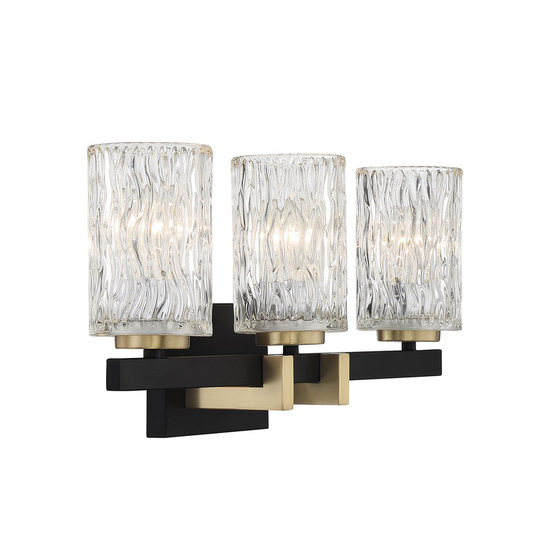 Savoy House Keene 23in 3-Light Vanity Light | Modern Matte Black and Warm Brass Clear Water Glass | Bathroom Vanity | Model L8-3601-3-143