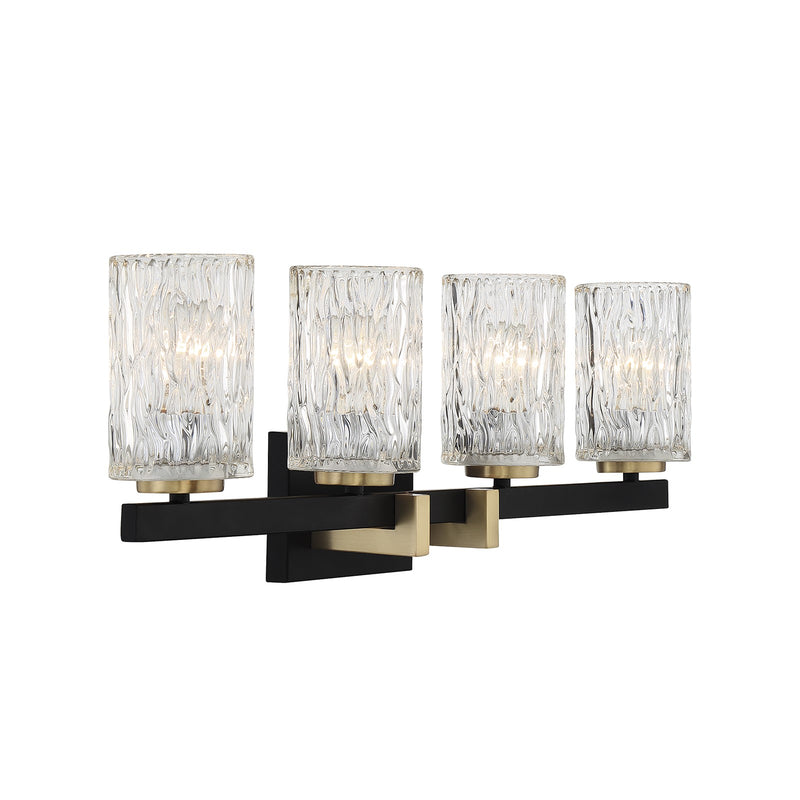 Savoy House Keene 31in 4-Light Vanity Light | Modern Matte Black and Warm Brass Clear Water Glass | Bathroom Vanity | Model L8-3601-4-143