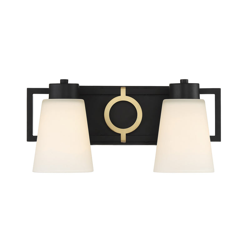 Savoy House Russo 15.5in 2-Light Vanity Light | Vintage Matte Black and Warm Brass White Glass | Bathroom Vanity | Model L8-4450-2-143
