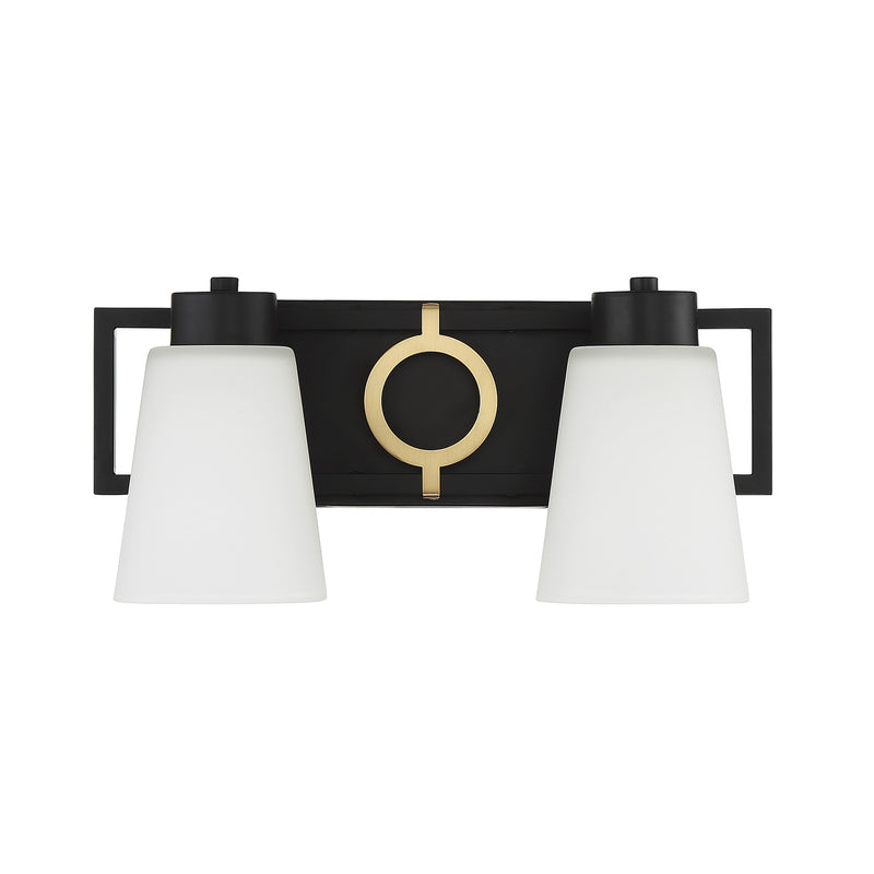 Savoy House Russo 15.5in 2-Light Vanity Light | Vintage Matte Black and Warm Brass White Glass | Bathroom Vanity | Model L8-4450-2-143