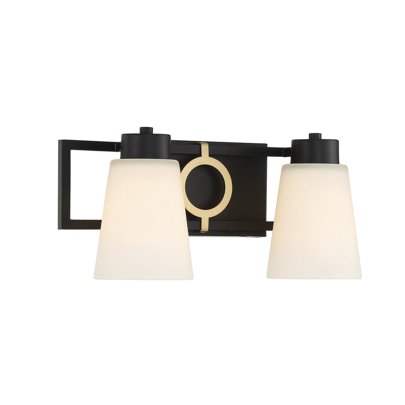 Savoy House Russo 15.5in 2-Light Vanity Light | Vintage Matte Black and Warm Brass White Glass | Bathroom Vanity | Model L8-4450-2-143