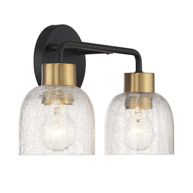 Savoy House Flagler 14.5in 2-Light Vanity Light | Modern Matte Black and Warm Brass with Crackled Glass | Bathroom Vanity | Model L8-5900-2-143