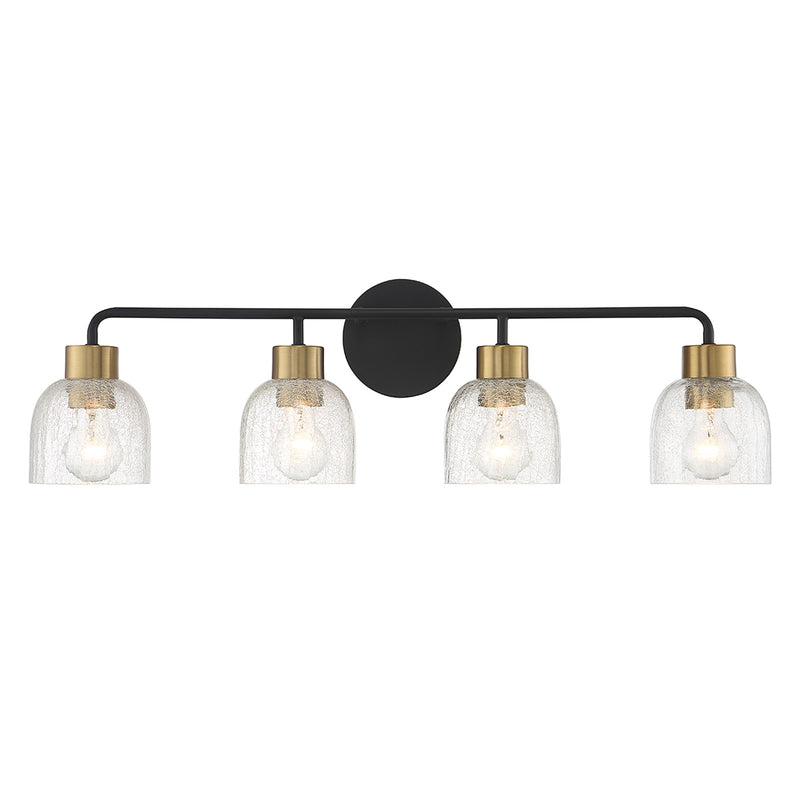 Savoy House Flagler 30in 4-Light Vanity Light | Modern Matte Black and Warm Brass with Crackled Glass | Bathroom Vanity | Model L8-5900-4-143