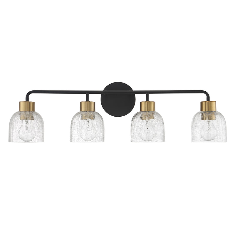 Savoy House Flagler 30in 4-Light Vanity Light | Modern Matte Black and Warm Brass with Crackled Glass | Bathroom Vanity | Model L8-5900-4-143