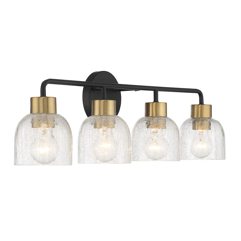 Savoy House Flagler 30in 4-Light Vanity Light | Modern Matte Black and Warm Brass with Crackled Glass | Bathroom Vanity | Model L8-5900-4-143