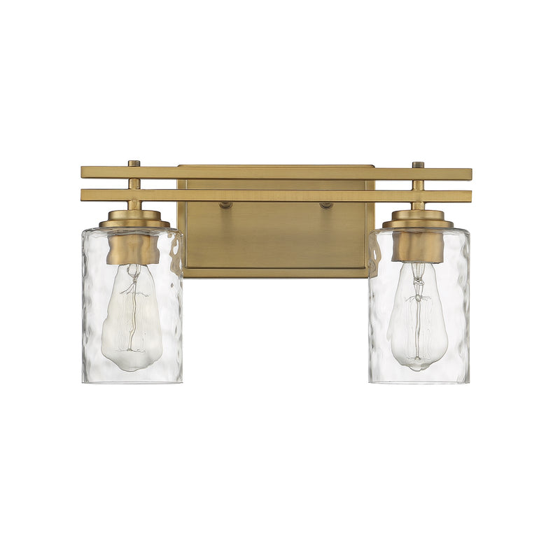 Savoy House Baxter 15in 2-Light Vanity Light | Transitional Warm Brass and Clear Hammered Glass | Bathroom Vanity & Powder Room | Model L8-6090-2-322