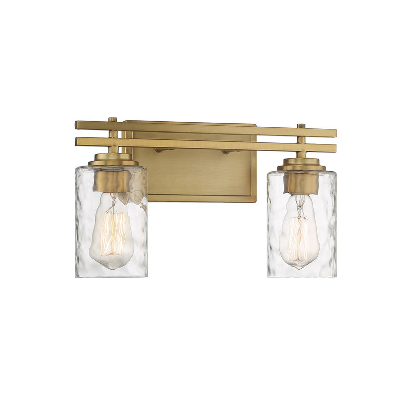 Savoy House Baxter 15in 2-Light Vanity Light | Transitional Warm Brass and Clear Hammered Glass | Bathroom Vanity & Powder Room | Model L8-6090-2-322
