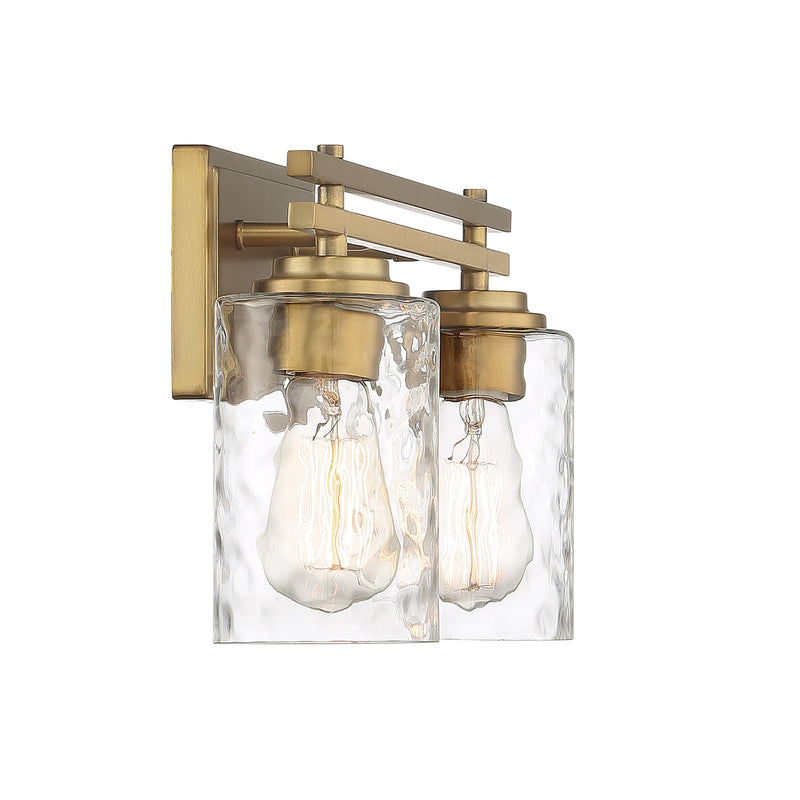 Savoy House Baxter 15in 2-Light Vanity Light | Transitional Warm Brass and Clear Hammered Glass | Bathroom Vanity & Powder Room | Model L8-6090-2-322
