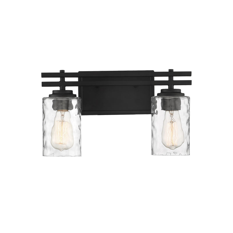Savoy House Baxter 15in 2-Light Vanity Light | Modern Matte Black and Clear Hammered Glass | Bathroom Vanity | 15 x 5.13 x 9 in | Model L8-6090-2-BK