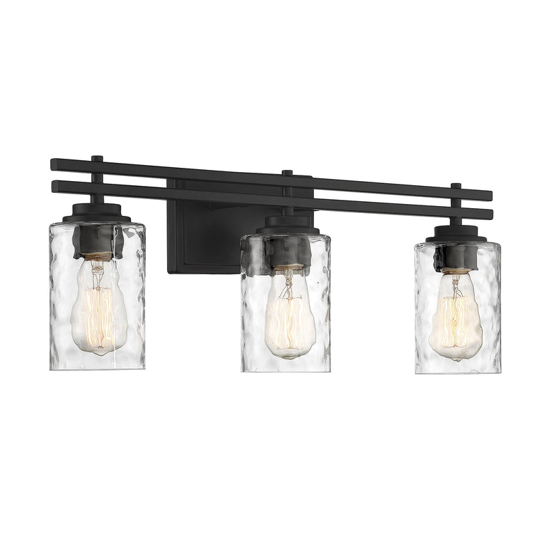 Savoy House Baxter 24in 3-Light Vanity Light | Modern Matte Black and Clear Hammered Glass | Bathroom Vanity | 24 x 5.13 x 9 in | Model L8-6090-3-BK