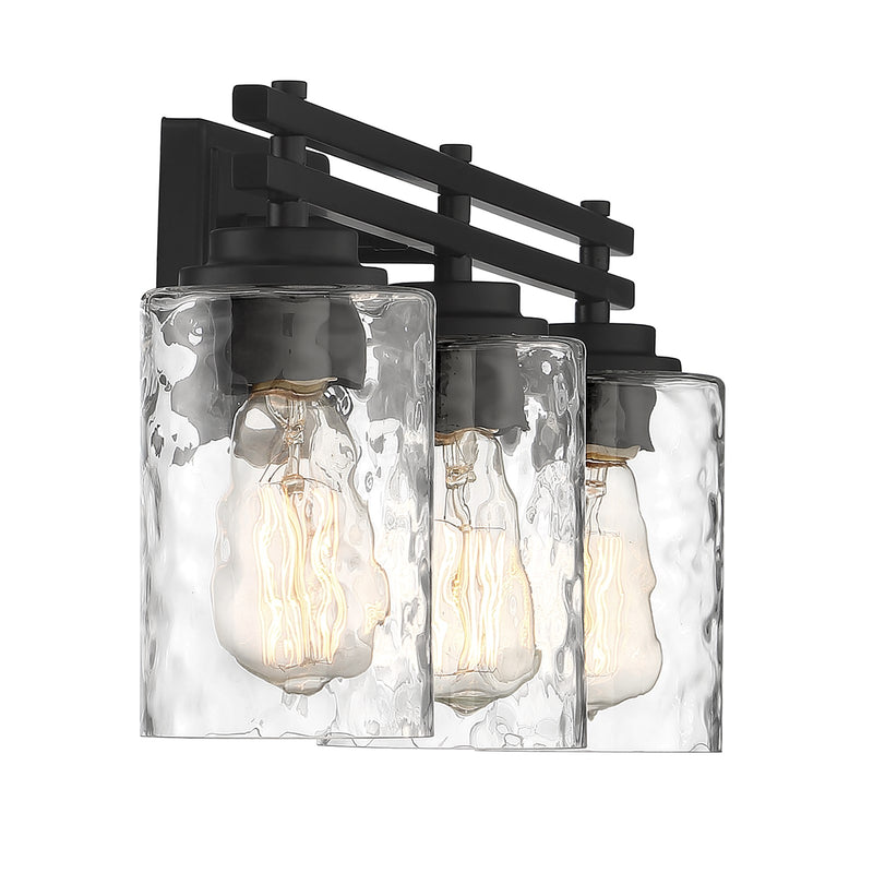 Savoy House Baxter 24in 3-Light Vanity Light | Modern Matte Black and Clear Hammered Glass | Bathroom Vanity | 24 x 5.13 x 9 in | Model L8-6090-3-BK