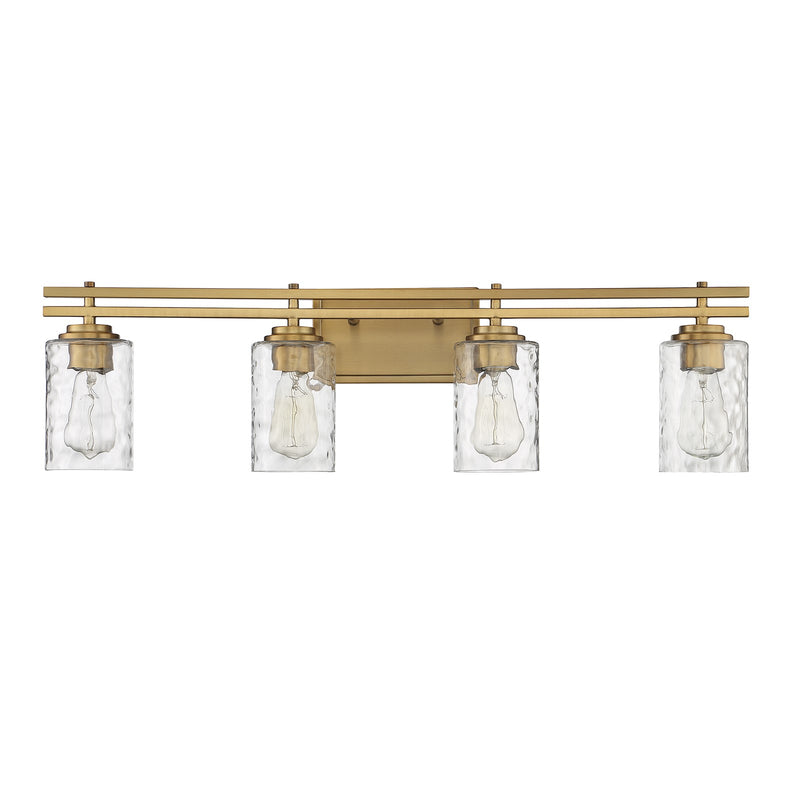 Savoy House Baxter 32in 4-Light Vanity Light | Modern Warm Brass and Clear Hammered Glass | Bathroom Vanity | 32 x 5.13 x 9 in | Model L8-6090-4-322