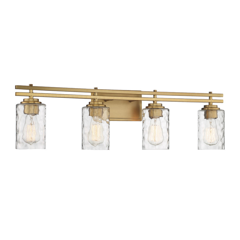 Savoy House Baxter 32in 4-Light Vanity Light | Modern Warm Brass and Clear Hammered Glass | Bathroom Vanity | 32 x 5.13 x 9 in | Model L8-6090-4-322