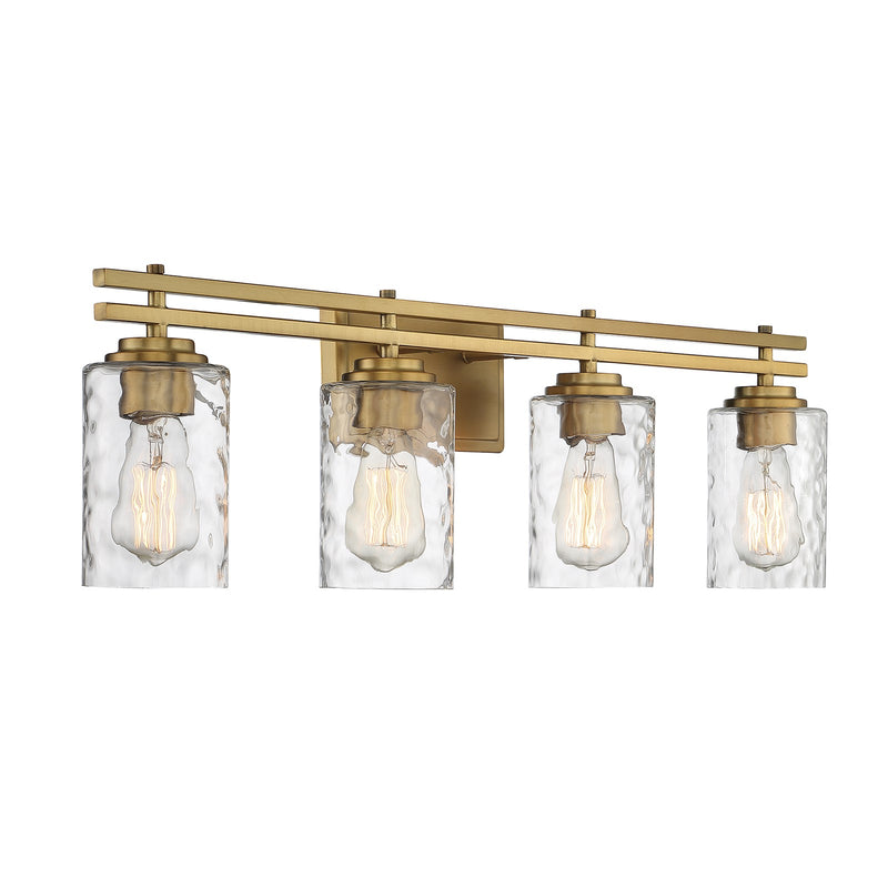 Savoy House Baxter 32in 4-Light Vanity Light | Modern Warm Brass and Clear Hammered Glass | Bathroom Vanity | 32 x 5.13 x 9 in | Model L8-6090-4-322