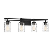 Savoy House Baxter 32in 4-Light Vanity Light | Modern Matte Black and Clear Hammered Glass | Bathroom Vanity | 32 x 5.13 x 9 in | Model L8-6090-4-BK
