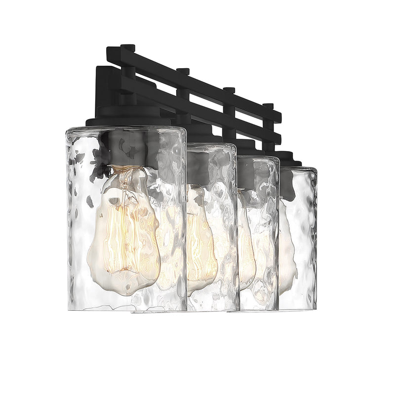 Savoy House Baxter 32in 4-Light Vanity Light | Modern Matte Black and Clear Hammered Glass | Bathroom Vanity | 32 x 5.13 x 9 in | Model L8-6090-4-BK