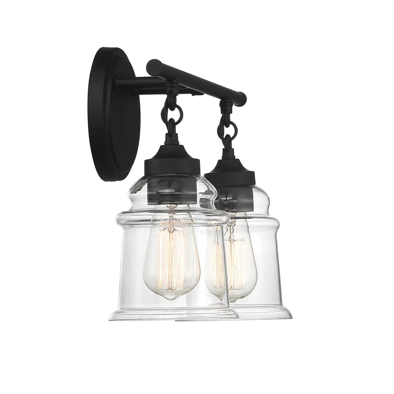 Savoy House Fuller 15in 2-Light Vanity Light | Vintage Matte Black and Clear Glass | Bathroom Vanity | 15 x 6.75 x 11 in | Model L8-8055-2-BK