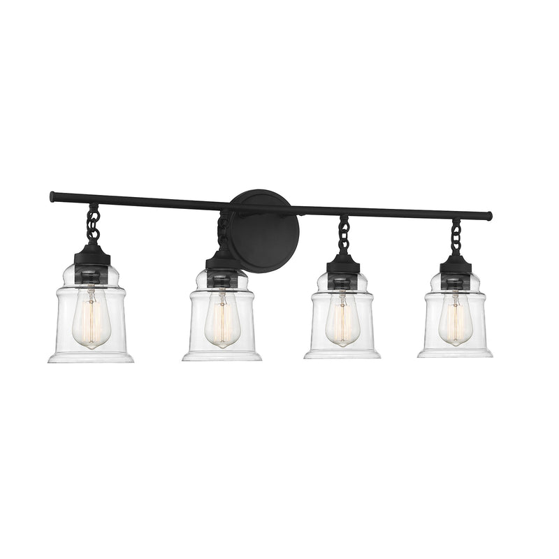 Savoy House Fuller 31in 4-Light Vanity Light | Vintage Matte Black and Clear Glass | Bathroom Vanity | 31.38 x 6.75 x 11 in | Model L8-8055-4-BK