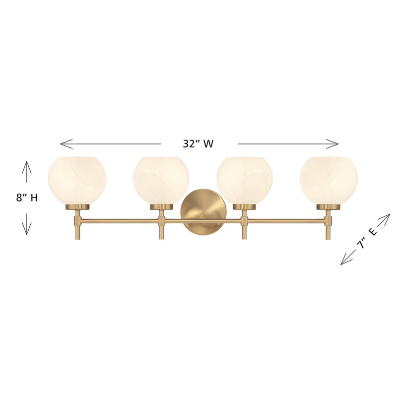 Savoy House Hannah 32in 4-Light Vanity Light | Vintage Warm Brass and White Strie Glass | Bathroom Vanity | 32 x 7 x 8 in | Model L8-9621-4-322