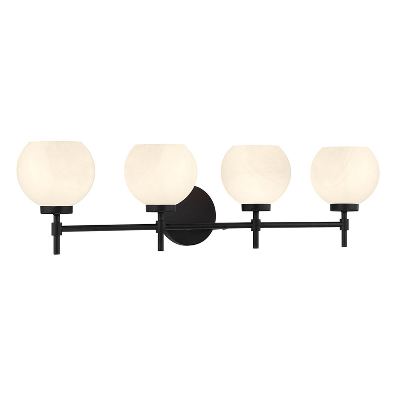Savoy House Hannah 32in 4-Light Vanity Light | Vintage Matte Black and White Strie Glass | Bathroom Vanity & Powder Room | Model L8-9621-4-BK