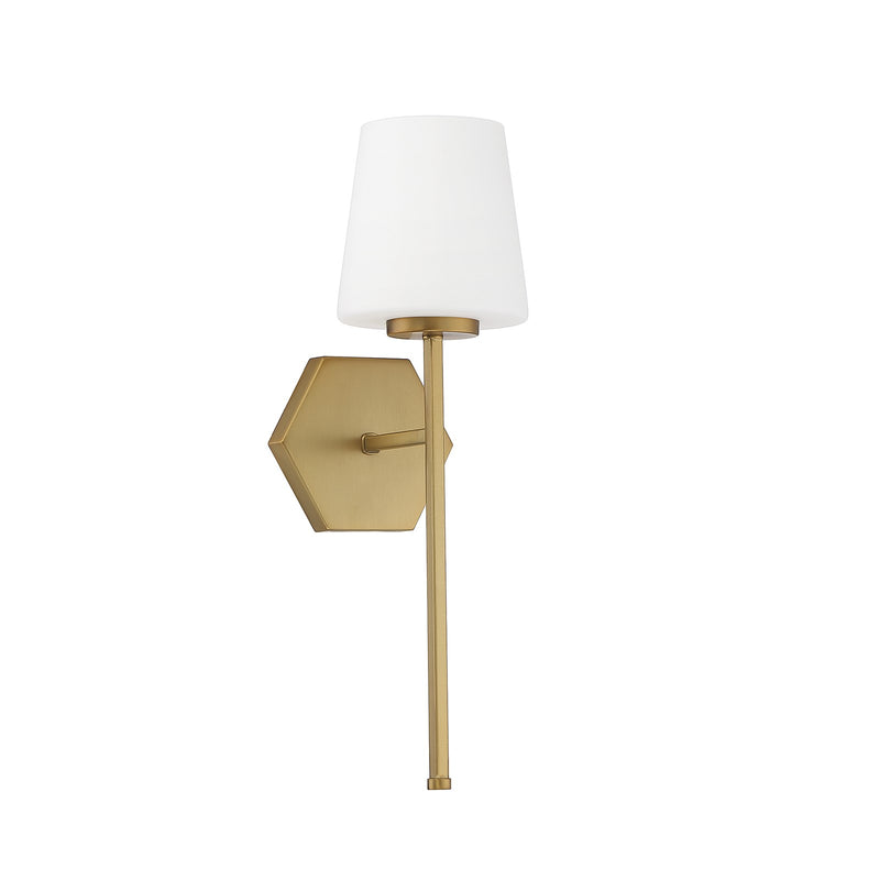 Savoy House Conover 17in 1-Light Wall Sconce | Modern Warm Brass and White Opal Glass | Bedroom & Hallway | 5.5 x 6.5 x 17.25 in | Model L9-2222-1-322