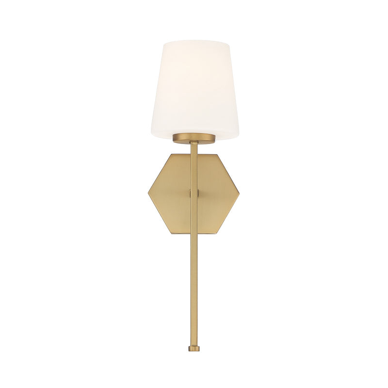 Savoy House Conover 17in 1-Light Wall Sconce | Modern Warm Brass and White Opal Glass | Bedroom & Hallway | 5.5 x 6.5 x 17.25 in | Model L9-2222-1-322