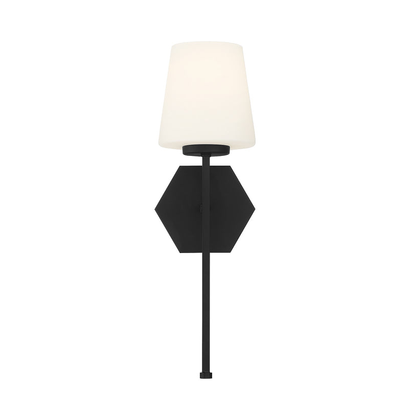 Savoy House Conover 17in 1-Light Wall Sconce | Modern Matte Black and White Opal Glass | Bathroom Vanity & Hallway | Model L9-2222-1-89