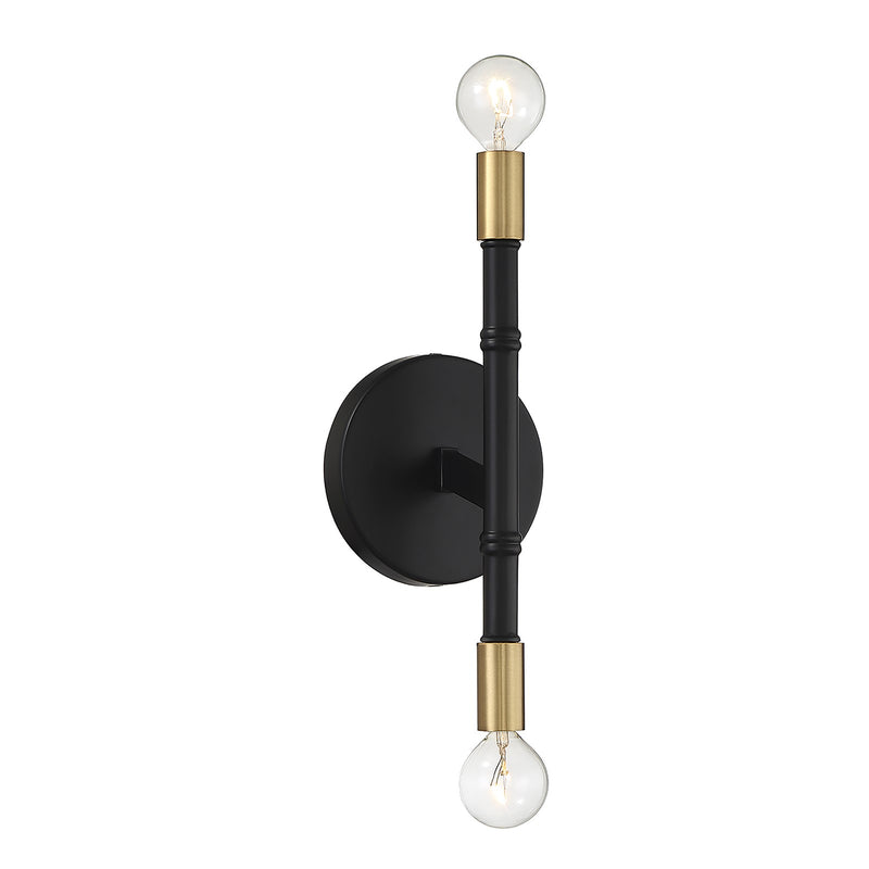 Savoy House Rossi 12in 2-Light Wall Sconce | Matte Black and Warm Brass Metal | Bedroom & Hallway Accent Light | Model L9-5612-2-143