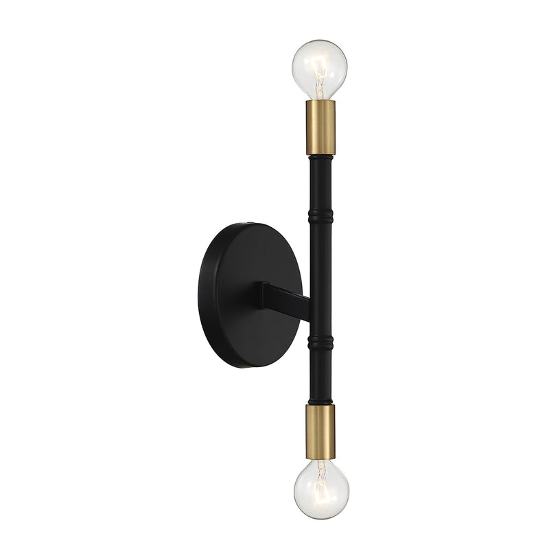 Savoy House Rossi 12in 2-Light Wall Sconce | Matte Black and Warm Brass Metal | Bedroom & Hallway Accent Light | Model L9-5612-2-143