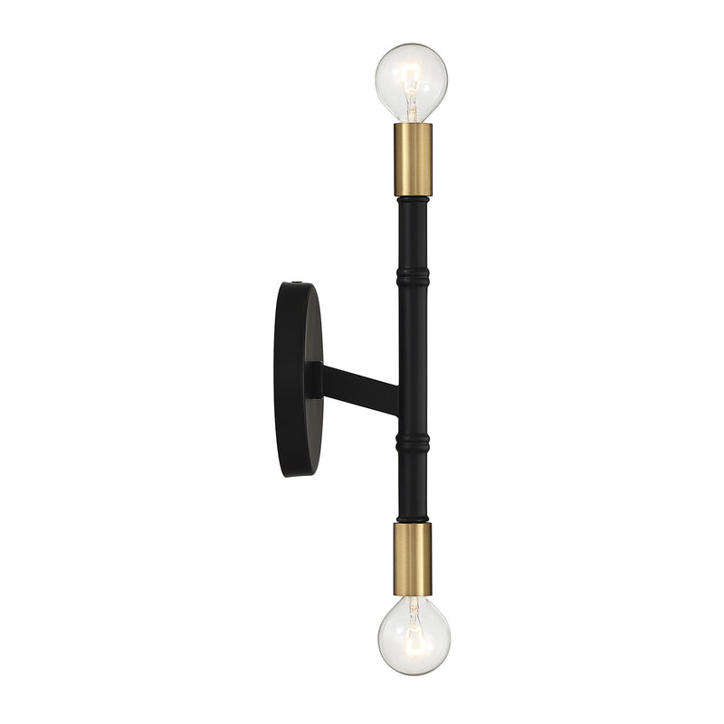 Savoy House Rossi 12in 2-Light Wall Sconce | Matte Black and Warm Brass Metal | Bedroom & Hallway Accent Light | Model L9-5612-2-143