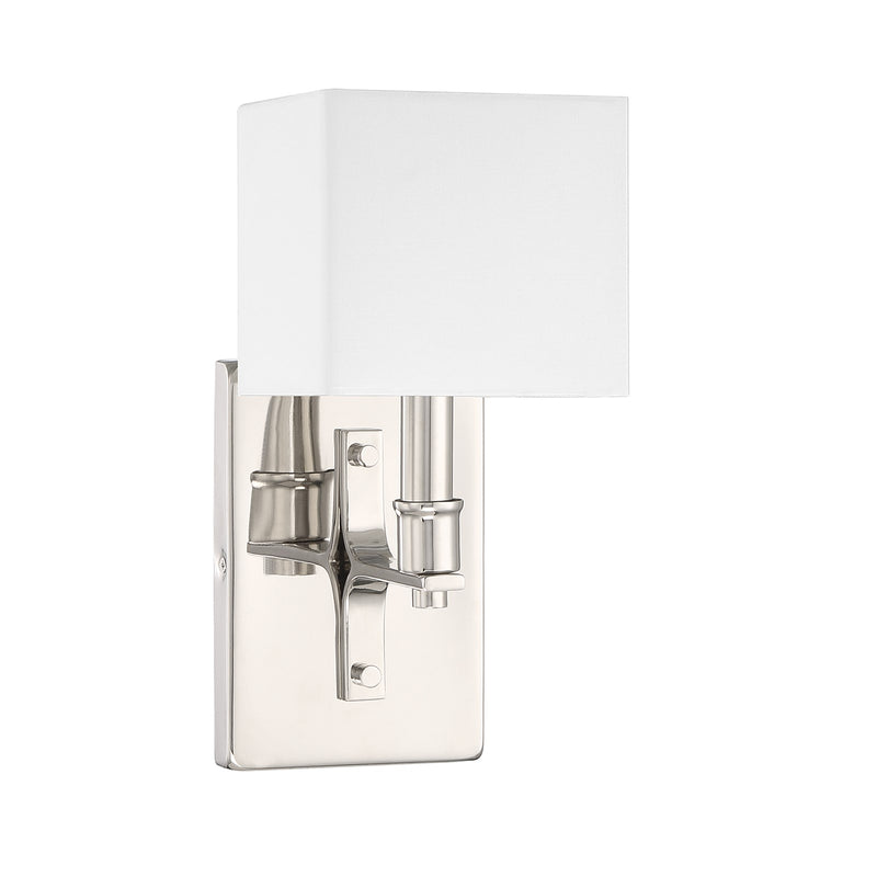 Savoy House Collins 11.5in 1-Light Wall Sconce | Modern Polished Nickel and White Fabric | Bedroom & Bathroom Vanity Light | Model L9-8550-1-109