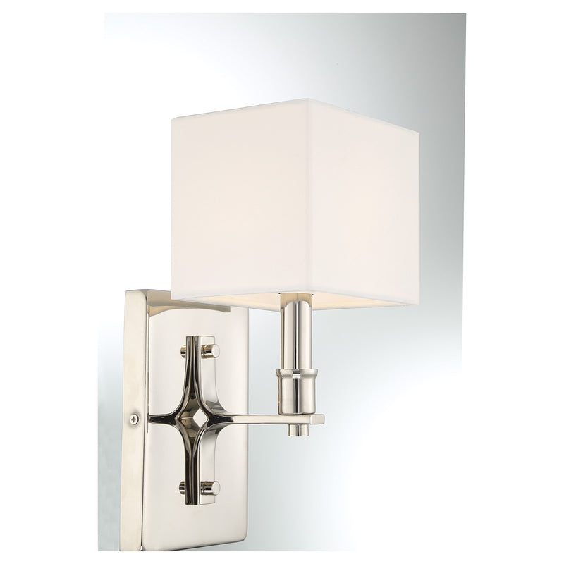Savoy House Collins 11.5in 1-Light Wall Sconce | Modern Polished Nickel and White Fabric | Bedroom & Bathroom Vanity Light | Model L9-8550-1-109